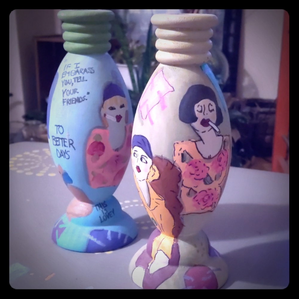 Hand painted wooden pair of candlesticks